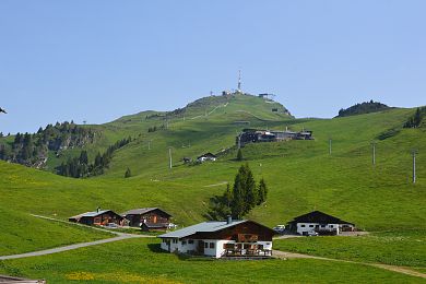 Von der Trattalmmulde aus liegt das Alpenhaus wunderbar eingebettet in das Kitzbüheler Horn